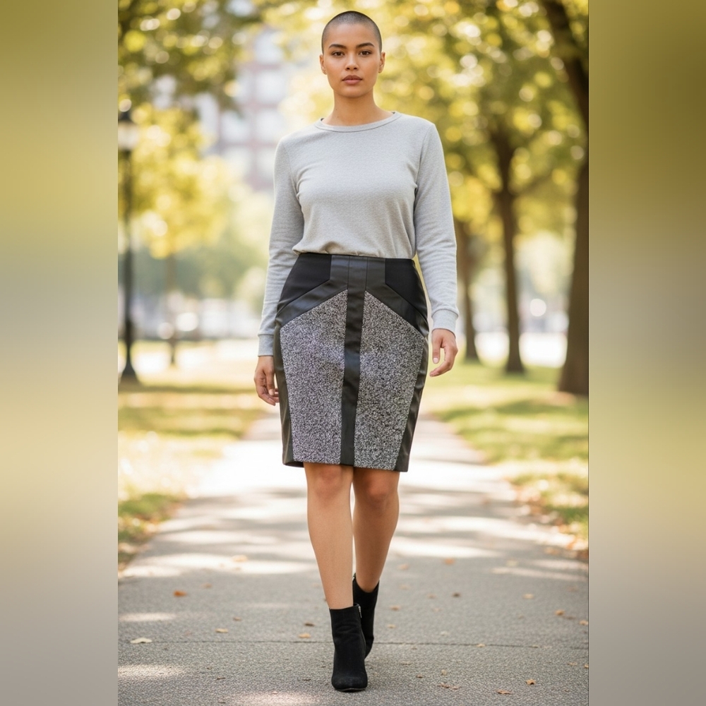 Ann Taylor Faux Leather Tweed Inset Retro Pencil Skirt Size 10 Black Gray